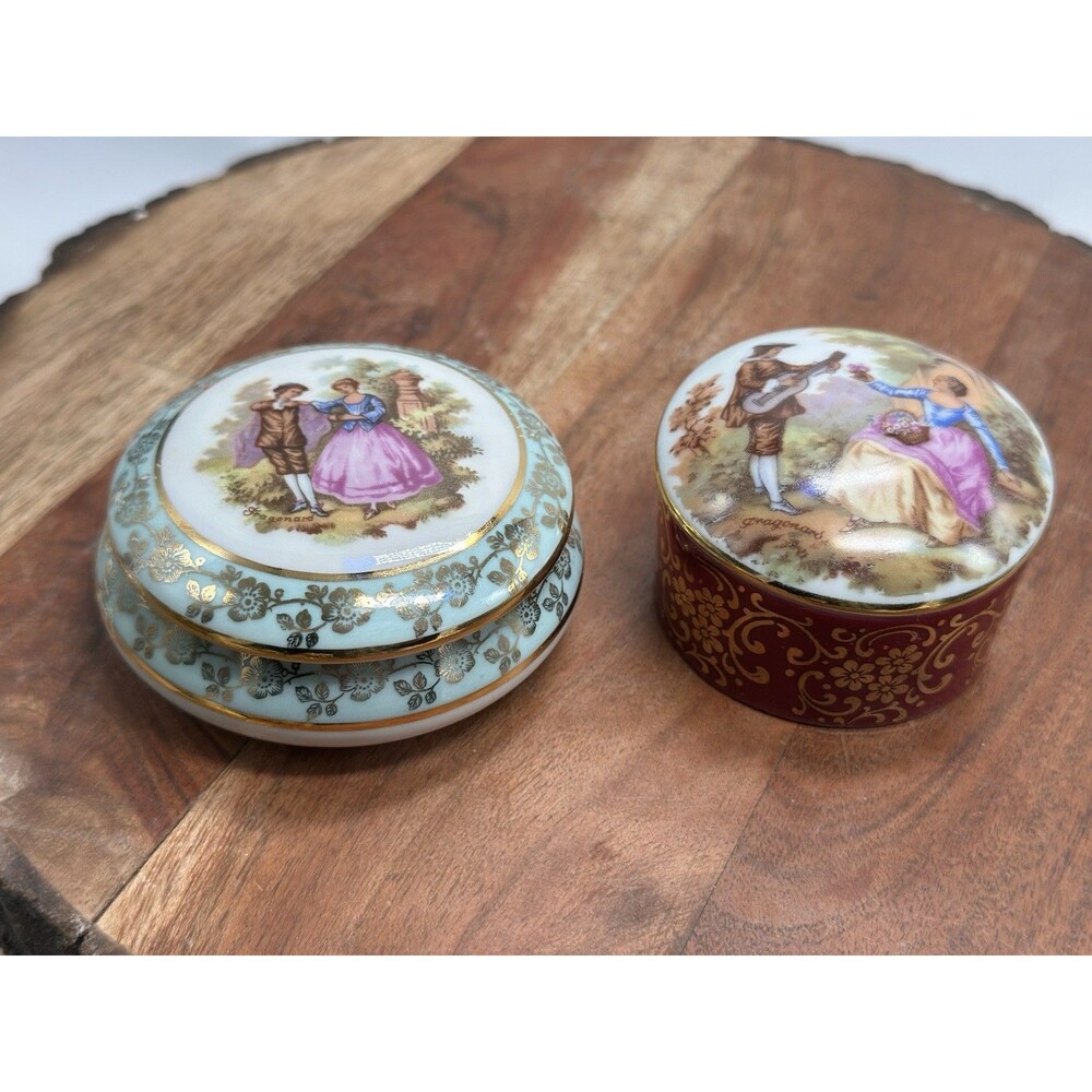 Limoges France Courting Lot Of 2 Lidded Trinkets Vintage
